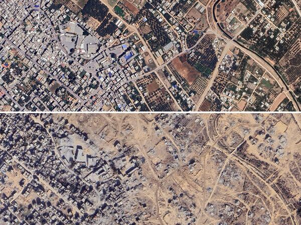 Ảnh chụp từ vệ tinh của Dải Gaza trong khu vực trường Fathi al-Balawi trước và sau những cuộc tấn công của Israel. Tổng hợp ảnh chụp vào vào tháng 7 năm 2023 và tháng 12 năm 2024 - Sputnik Việt Nam