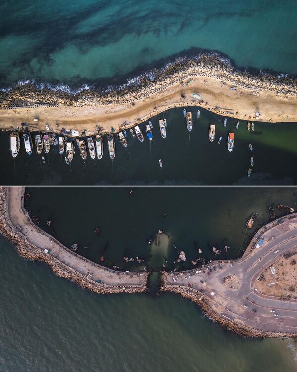 Đường bờ biển Gaza trước và sau những cuộc tấn công của Israel. Tổng hợp ảnh - Sputnik Việt Nam