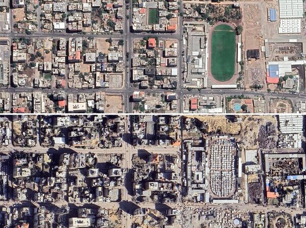 Ảnh chụp từ vệ tinh của phố Al Jalaa ở Gaza trước và sau những cuộc tấn công của Israel. Tổng hợp ảnh chụp vào vào tháng 7 năm 2023 và tháng 12 năm 2024 - Sputnik Việt Nam