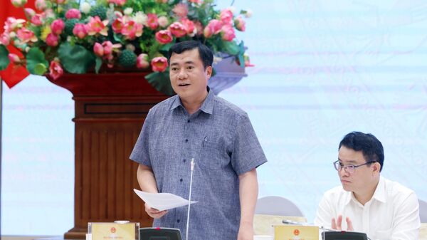 Thứ trưởng Bộ Công thương Nguyễn Sinh Nhật Tân trả lời câu hỏi của phóng viên các cơ quan thông tấn, báo chí. - Sputnik Việt Nam