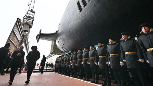 Lễ hạ thủy tàu ngầm tên lửa đạn đạo chạy bằng năng lượng hạt nhân lớp Borey-A Knyaz Pozharsky tại xưởng đóng tàu Sevmash ở Severodvinsk. - Sputnik Việt Nam