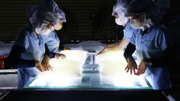 Công nhân thực hiện công đoạn kiểm tra sản phẩm lần cuối trước khi đóng gói xuất khẩu - Sputnik Việt Nam