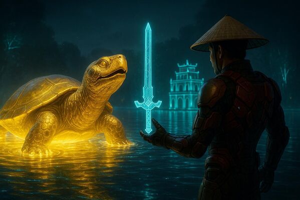 Rùa vàng dưới dạng sinh vật AI bán trong suốt, trao kiếm ánh sáng cho nhân vật người chơi đứng giữa mặt hồ holographic - Sputnik Việt Nam