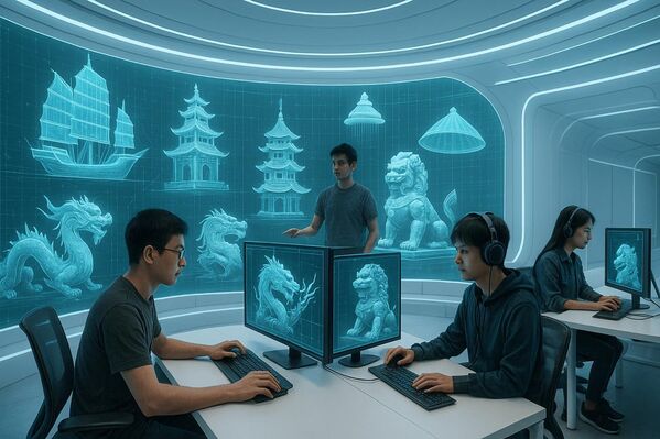 Những nhà phát triển trẻ làm việc giữa không gian digital với màn hình 360 độ, mô hình 3D văn hóa Việt xoay lơ lửng xung quanh - Sputnik Việt Nam