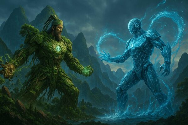 Sơn Tinh với giáp exosuit điều khiển nguyên tố đất – rừng, còn Thủy Tinh sở hữu áo giáp điều khiển nước bằng AI. Cả hai đối đầu trong bối cảnh cyber-mountain Việt Nam - Sputnik Việt Nam