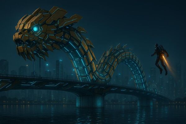 Cầu Rồng nhưng thân rồng là cấu trúc robot phân mảnh, từng “vảy” là module năng lượng. Người chơi bay bằng jetpack giữa đô thị tương lai - Sputnik Việt Nam