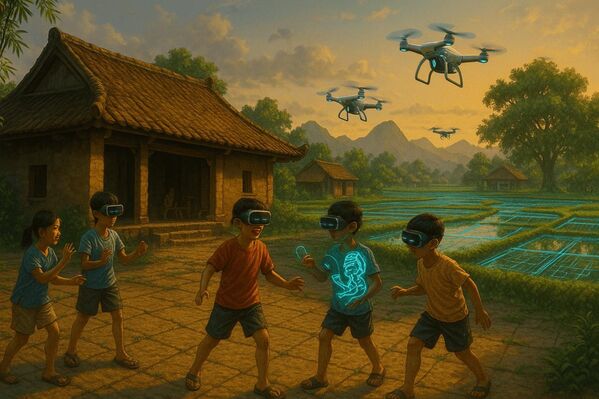 Làng quê Việt nhưng trang trại, lúa và cây cối đều được số hóa; nông dân điều khiển drone AI thu hoạch lúa, trẻ em chơi game AR ngay trên sân đình - Sputnik Việt Nam