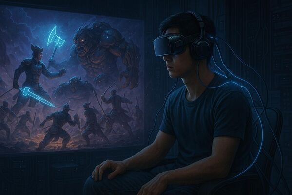 Một game thủ ngồi trong phòng tối, kết nối bằng dây thần kinh quang học. Trước mặt là cảnh chiến trường thần thoại Việt Nam đang render theo thời gian thực - Sputnik Việt Nam