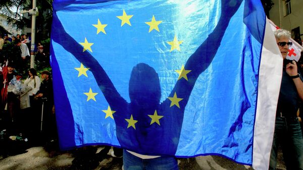 Một người biểu tình cầm cờ EU - Sputnik Việt Nam