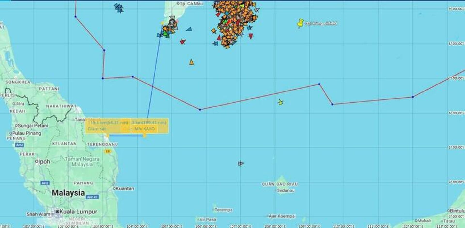 Vị trí tàu KAYO bị sự cố trên vùng biển Malaysia - Sputnik Việt Nam, 1920, 07.12.2025