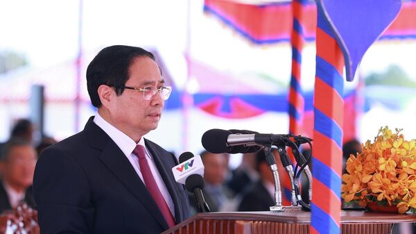 Thủ tướng Phạm Minh Chính phát biểu tại Lễ khai trương Cặp cửa khẩu quốc tế Tân Nam- Meun Chey - Sputnik Việt Nam