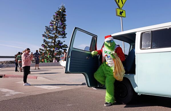 Người đàn ông hóa trang thành nhân vật Grinch bước ra từ chiếc xe minivan tại San Diego, California - Sputnik Việt Nam
