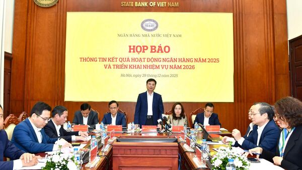 Phó Thống đốc Ngân hàng Nhà nước Phạm Thanh Hà phát biểu tại họp báo. - Sputnik Việt Nam