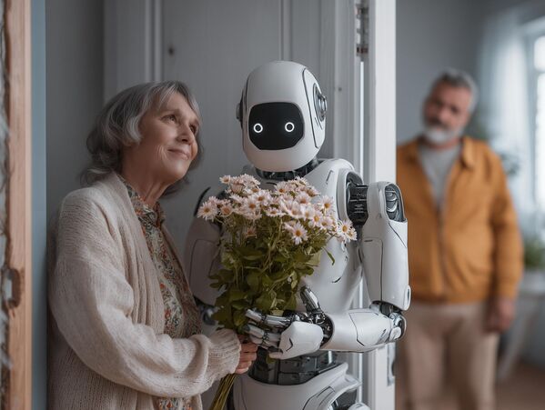 Một người phụ nữ nhận hoa từ robot chứ không phải từ người chồng mình - Sputnik Việt Nam