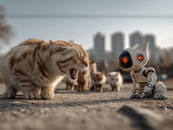 Một con mèo bảo vệ lãnh thổ của mình trước một con mèo robot - Sputnik Việt Nam