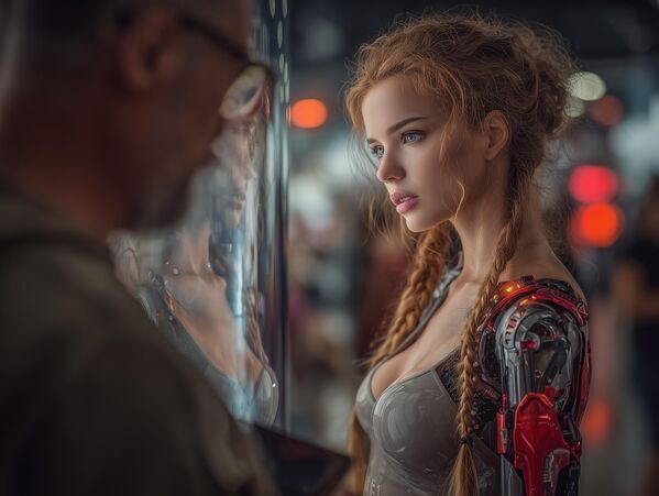 Một người đàn ông xem xét các mẫu robot nữ mới - Sputnik Việt Nam