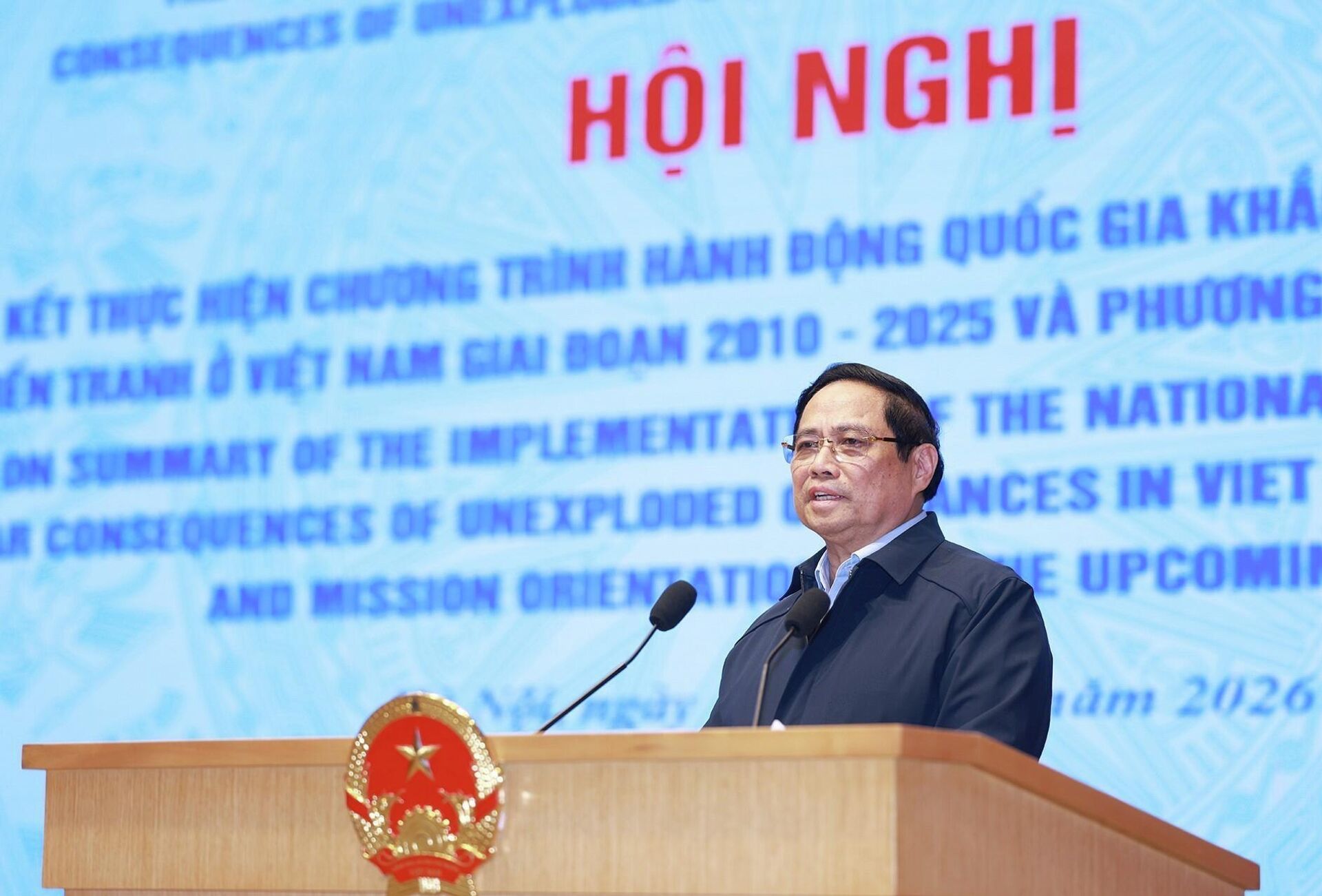 Thủ tướng Phạm Minh Chính phát biểu chỉ đạo Hội nghị tổng kết thực hiện Chương trình hành động quốc gia khắc phục hậu quả bom mìn sau chiến tranh ở Việt Nam. - Sputnik Việt Nam, 1920, 14.01.2026