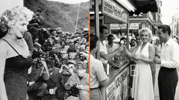 Bên trái: Ngày 16 tháng 2 năm 1954, trong chuyến lưu diễn Hàn Quốc 4 ngày, lần đầu tiên nữ diễn viên Marilyn Monroe dừng chân tại trụ sở Thủy quân lục chiến số - Sputnik Việt Nam