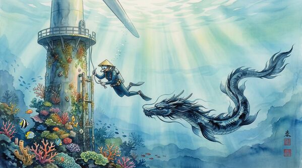 2.1 Tương lai trong hình dung truyền thống và thực tại cyber: Hiền, người gìn giữ . "Văn phòng" của anh nằm sâu dưới đáy Biển Đông. Anh vận hành những tuabin cung cấp năng lượng cho một nửa dải bờ biển. Trợ lý của anh là tàu ngầm không người lái hình rồng Trần Long, quét kiểm tra kết cấu kim loại của các công trình - Sputnik Việt Nam