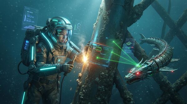 2.2 Tương lai trong hình dung truyền thống và thực tại cyber: Hiền, người gìn giữ . "Văn phòng" của anh nằm sâu dưới đáy Biển Đông. Anh vận hành những tuabin cung cấp năng lượng cho một nửa dải bờ biển. Trợ lý của anh là tàu ngầm không người lái hình rồng Trần Long, quét kiểm tra kết cấu kim loại của các công trình - Sputnik Việt Nam