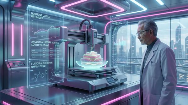 8.2 Tương lai trong hình dung truyền thống và thực tại cyber: Kiên - nhà giả kim vị giác. Đầu bếp AI của anh phân tích hàng nghìn công thức cổ truyền và sáng tạo món mới cân bằng hoàn hảo cho nhịp sinh học. Món đặc sản "Vịnh Phúc Lộc" của anh là bữa trưa cá nhân hóa in bằng máy: vừa củng cố xương cốt như món mắm cá của tổ tiên, vừa tức thì cải thiện tâm trạng nhờ phân tích hormone qua cảm biến sinh học - Sputnik Việt Nam