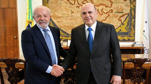 Thủ tướng Nga Mikhail Mishustin và Tổng thống Brazil Luiz Inácio Lula da Silva gặp nhau tại Cung điện Itamaraty ở Brasília - Sputnik Việt Nam