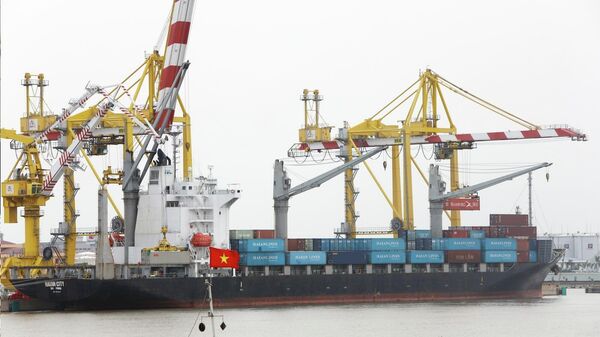 Bốc xếp hàng xuất nhập khẩu tại cảng MPC Hải Phòng - Sputnik Việt Nam