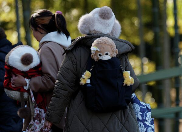 Du khách tại vườn thú Ichikawa với con khỉ nhồi bông - Sputnik Việt Nam