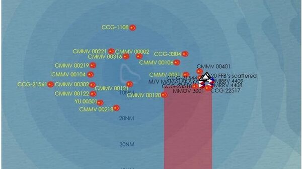 Bức ảnh dưới đây cho thấy báo cáo của Cảnh sát biển Philippines về các tàu Trung Quốc được ghi nhận trong khu vực bãi đá Scarborough. Hình chữ nhật màu đỏ minh họa các tọa độ mà phía Trung Quốc đã chỉ ra cho chiến dịch dọn dẹp dự kiến vào ngày 24 tháng 3 năm 2026. - Sputnik Việt Nam