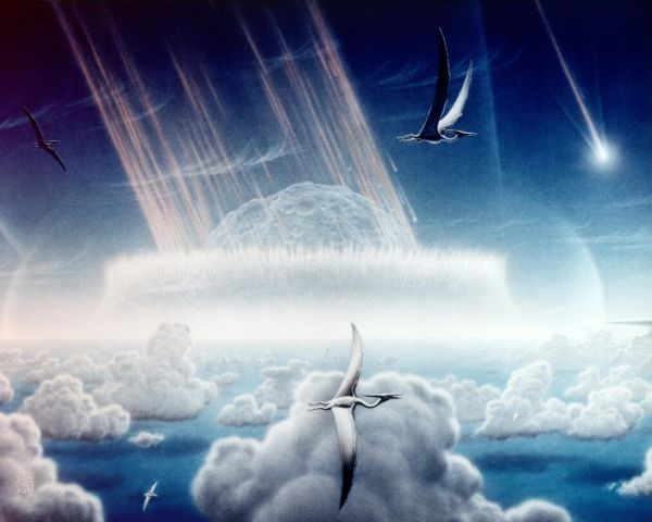 Hình ảnh mô phỏng tiểu hành tinh Chicxulub có đường kính khoảng 10 km rơi xuống bán đảo Yucatán 66,5 triệu năm trước, dẫn đến sự tuyệt chủng của loài khủng long. - Sputnik Việt Nam