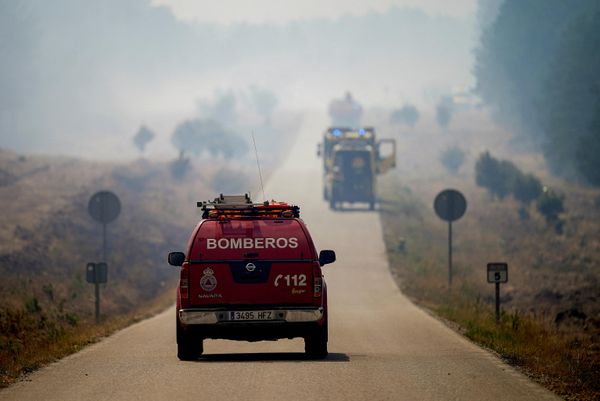Xe cứu hỏa lao dọc theo con đường trong vụ cháy rừng tại La Mierla ở Albendiego, Guadalajara (Tây Ban Nha). - Sputnik Việt Nam