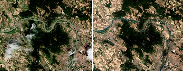 Hình ảnh so sánh từ vệ tinh Copernicus Sentinel-2 trước và sau đợt hạn hán ở Hungary. - Sputnik Việt Nam