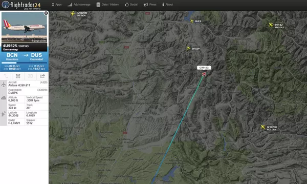 Ảnh chụp từ trang Flightradar24, cho thấy đường bay của máy bay Airbus A320 bị rơi Ảnh chụp từ trang Flightradar24, cho thấy đường bay của máy bay Airbus A320 bị rơi - Sputnik Việt Nam