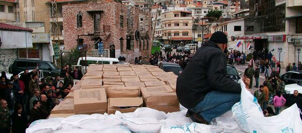 Bốc dỡ viện trợ nhân đạo do máy bay Bộ tình trạng khẩn cấp Nga đưa đến Syria - Sputnik Việt Nam