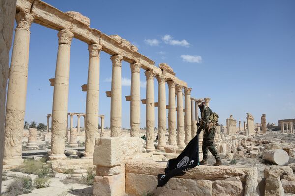 Chiến sĩ đội dân quân “Chim ưng sa mạc” với lá cờ Daesh ở phần lịch sử của Palmyra - Sputnik Việt Nam