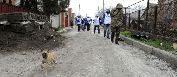 Các quan sát viên quốc tế OSCE và lực lượng dân quân tại làng Shirokino - Sputnik Việt Nam