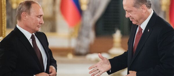 Tổng thống Nga Vladimir Putin và người đồng cấp Thổ Nhĩ Kỳ Recep Tayyip Erdogan (phải) trong cuộc gặp tại Istanbul. - Sputnik Việt Nam