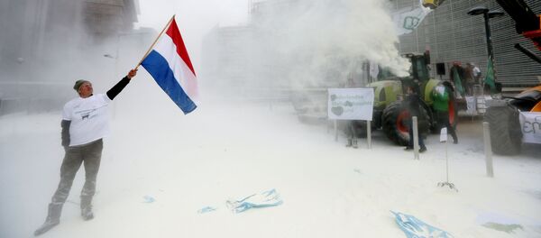 Brussels: Các nông dân phun một tấn sữa bột vào tòa nhà Hội đồng EU - Sputnik Việt Nam