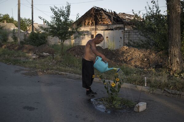 Người đàn ông tưới hoa trên một con phố ở làng vùng Donetsk - Sputnik Việt Nam