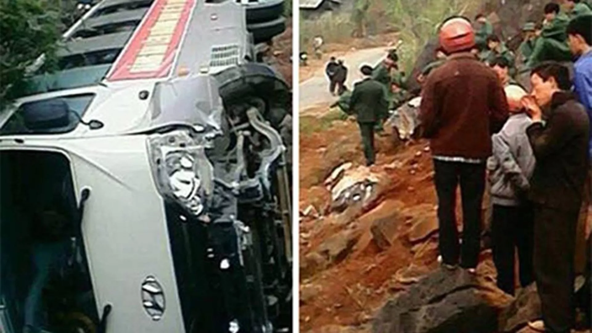 Chiếc xe lật nhào, khiến hàng chục tân binh hốt hoảng.