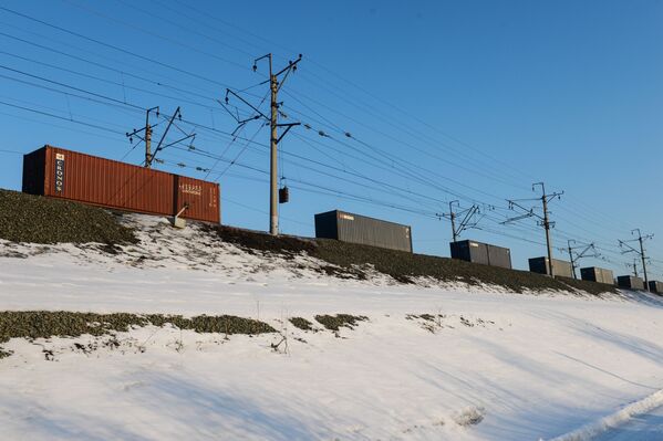 Đoàn tàu chở hàng với nhiều container 40-foot trên tuyến đường sắt  chính Tây Siberia. - Sputnik Việt Nam