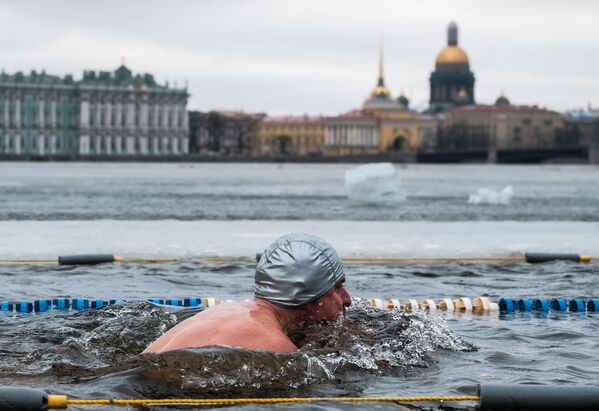 St. Petersburg. Thành viên cuộc thi bơi mạo hiểm quốc tế trên sông Neva lạnh giá. - Sputnik Việt Nam