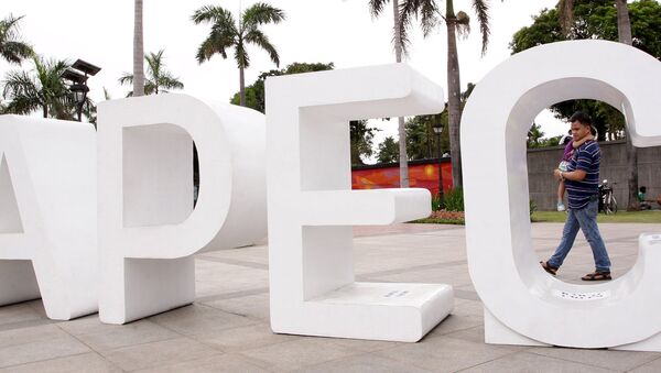 A resident carries his child past an Asia-Pacific Economic Cooperation (APEC) sign in Manila's Rizal park, where the APEC summit will be held next week, in Manila November 15, 2015 - Sputnik Việt Nam