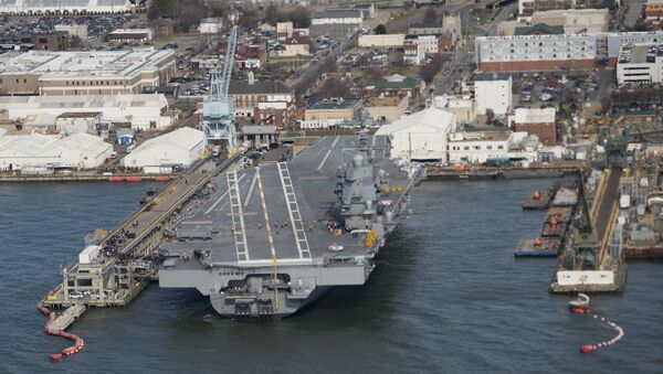 The pre-commissioned USS Gerald R. Ford aircraft carrier is seen after a visit by US President Donald Trump in Newport News, Virginia - Sputnik Việt Nam