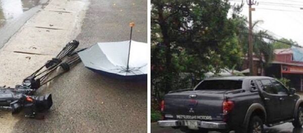 Chiếc xe ô tô bán tải được cho là đã đâm vào nhóm phóng viên VTV khi đang tác nghiệp và nghiền nát chiếc máy quay phim trị giá khoảng 1 tỷ đồng. - Sputnik Việt Nam