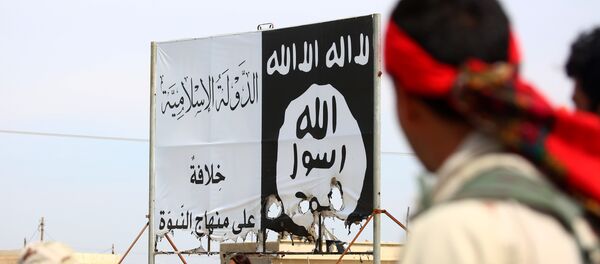 Members of the US-backed Syrian Democratic Forces (SDF), made up of an alliance of Arab and Kurdish fighters, stand under an Islamic State (IS) group banner in the recently recaptured town of Al-Karamah, 26 kms from the IS bastion of Raqa, as they advance to encircle the jihadists, on March 26, 2017 - Sputnik Việt Nam
