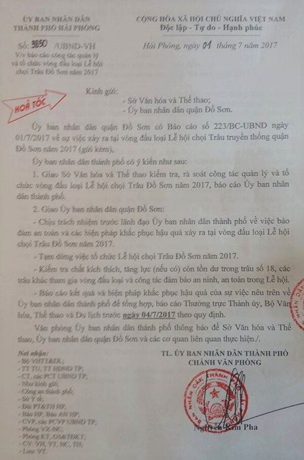Công văn hỏa tốc của Hải Phòng chỉ đạo vụ trâu húc chết chủ. Công văn hỏa tốc của Hải Phòng chỉ đạo vụ trâu húc chết chủ. - Sputnik Việt Nam