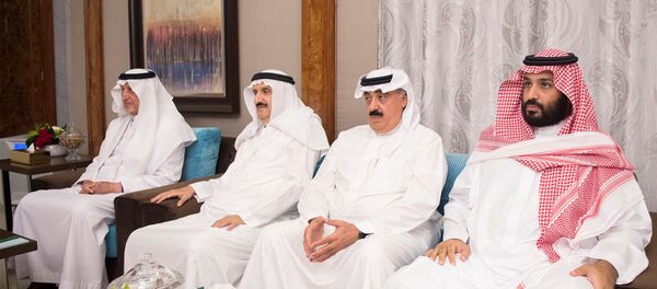 Saudi Deputy Crown Prince Mohammed bin Salman (R) attends a meeting between Emir of Kuwait Sabah Al-Ahmad Al-Jaber Al-Sabah and Saudi Arabia's King Salman bin Abdulaziz Al Saud in Jeddah, Saudi Arabia, June 6, 2017. - Sputnik Việt Nam