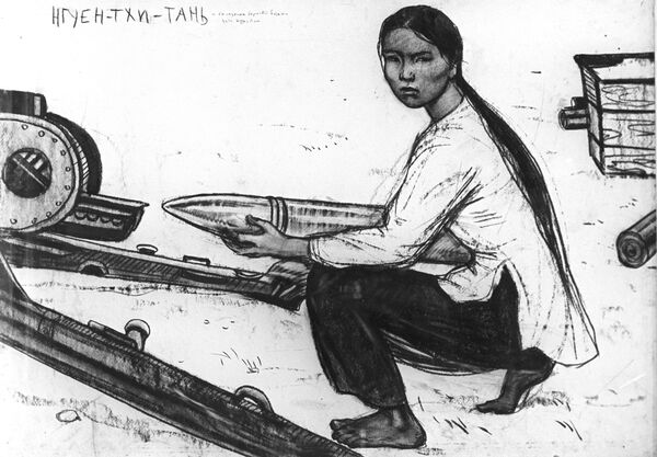 Phiên bản tranh của họa sĩ Ilya Glazunov :Nữ dân quân vùng biển Nguyễn Thị Thanh. Từ loạt tác phẩm chủ đề Ngày và đêm Việt Nam. - Sputnik Việt Nam