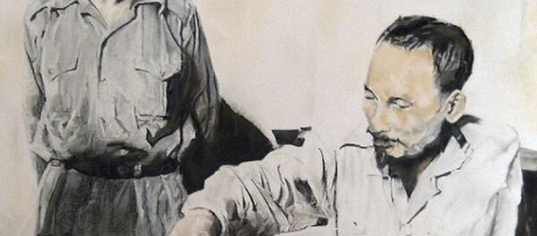 Bức vẽ Bác đang bàn bạc công việc với Đại tướng Võ Nguyên Giáp của họa sĩ Gelinas - Sputnik Việt Nam